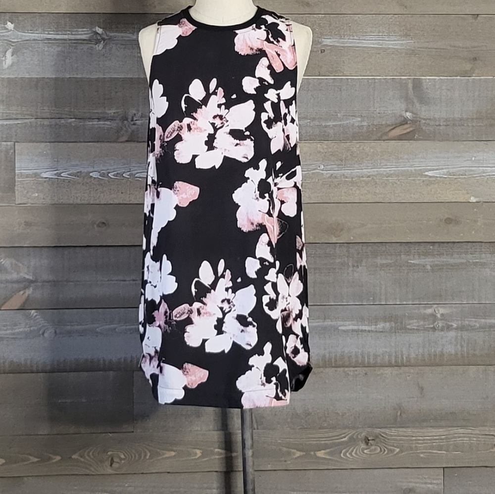 RVCA Blake Abstract Black White Pink Floral Mini Round Neck Dress